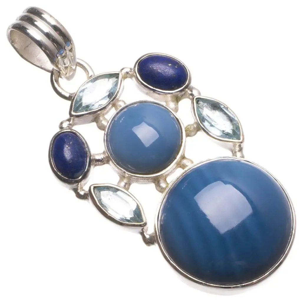 

Natural Owhyee Opal,Green Amethyst and Lapis Lazuli Handmade Indian 925 Sterling Silver Pendant 2" U0362