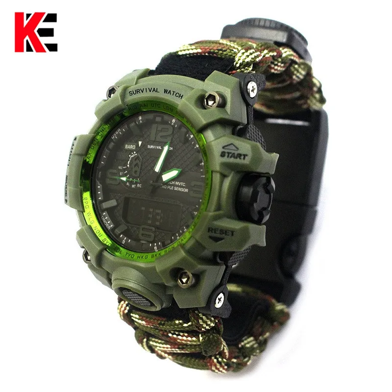 Koop Outdoor Camping Survival Horloge Multi functionele Paracord Horloge met Kompas Fluitje Thermometer Rescue Touw Survival kit EDC