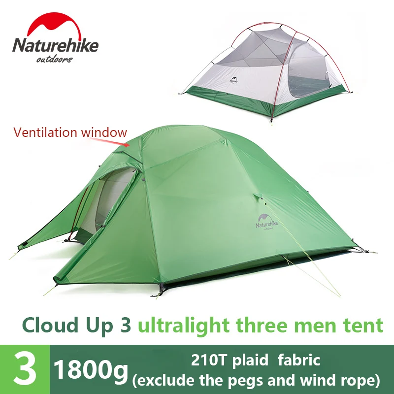 Naturehike Cloud Up Upgrade двухслойная палатка 1 2 3 человек водонепроницаемый 20D силиконовый Сверхлегкий Открытый Кемпинг походные палатки - Цвет: 210T Green 3 person