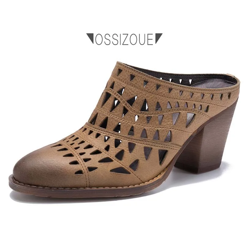 

Ossizoue High Heels Retro Genuine Cow Leather Sandals Women Shoes Triangles Hollow 2 Colors 34-39