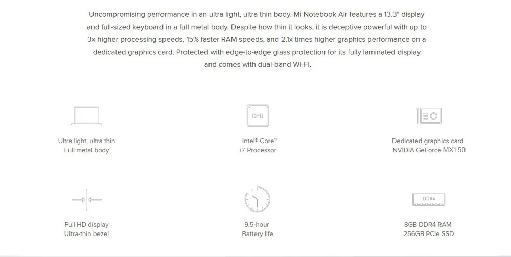Xiaomi Mi ноутбук Air 13,3 Windows 10 Intel Core i7-8550U четырехъядерный 2,5 ГГц 8 Гб 256 ГБ датчик отпечатков пальцев двойной WiFi type-C