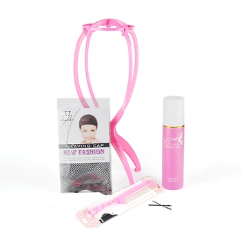 

5Pcs/Set Pro Wig Care Kit Durable Wig Stand Tool Holder Wig Comb Weaving Cap With Wig Care Essence For Hair Salon Use Or Home Us