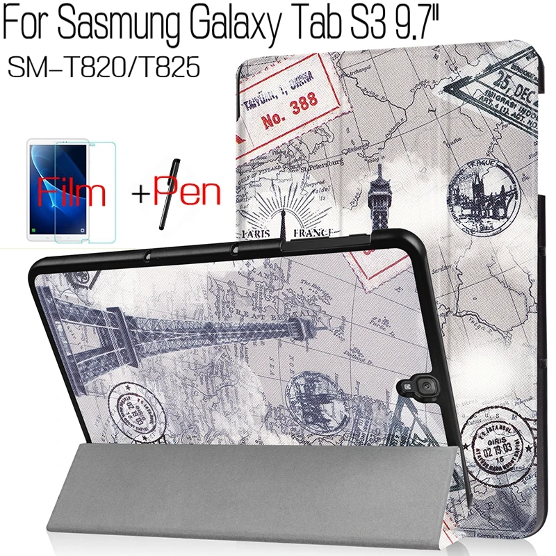 

New Colorful Pattern Smart PU Leather Cover Funda Case for Samsung Galaxy Tab S3 T820 T825 9.7" Tablet+Free Screen Protector+Pen