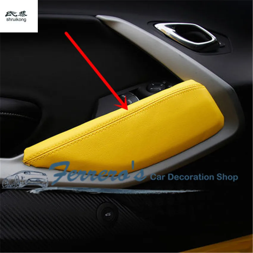

Free shipping 2pcs/lot leather car door armrest position decoration cover car accessories For 2016-2017 Chevrolet Camaro