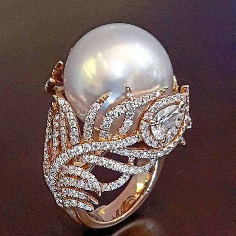 

Luxury Large Simulated Pearl Leaf Rose Gold Rings for Women Exaggerated Huge Cocktail Crystal Statement Ring Jewelry Z4P038