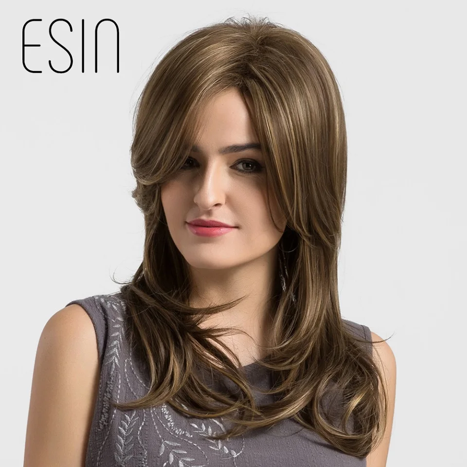 ESIN Длинный искусственный парик 60см Эластичная основа парика для женщин Длинная косая челка,каскад,текстурные кончики 2 оттенка Серый оттенок с пепельно-русым, Теплый темно-русый