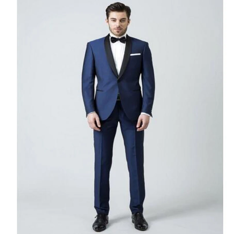 2017 New Arrival Men Suits Blue Wedding Suits For Men black shawl lapel tuxedos for men one button groom Wedding Suits new groom
