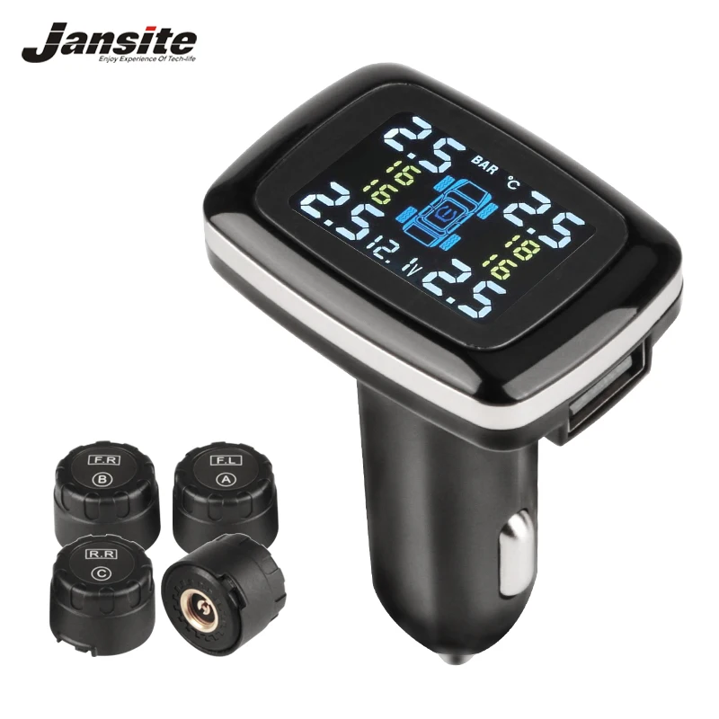 

Jansite Car TPMS Tire Pressure Monitoring System USB port Display Screen 4 Built-in/External Sensors Cigarette Lighter Auto tpms