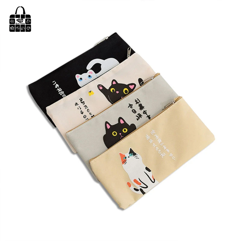 

Rose Diary Fashion cute simple cat cartoon canvas Cosmetic Bag creative student large-capacity zipper Pen Bag Storage Bag Gift