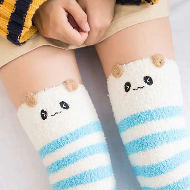 blue panda Зимние теплые гольфы из кораллового флиса; гольфы для девочек и женщин с изображением животных; Милые гольфы в полоску; medias de mujer - Цвет: blue panda