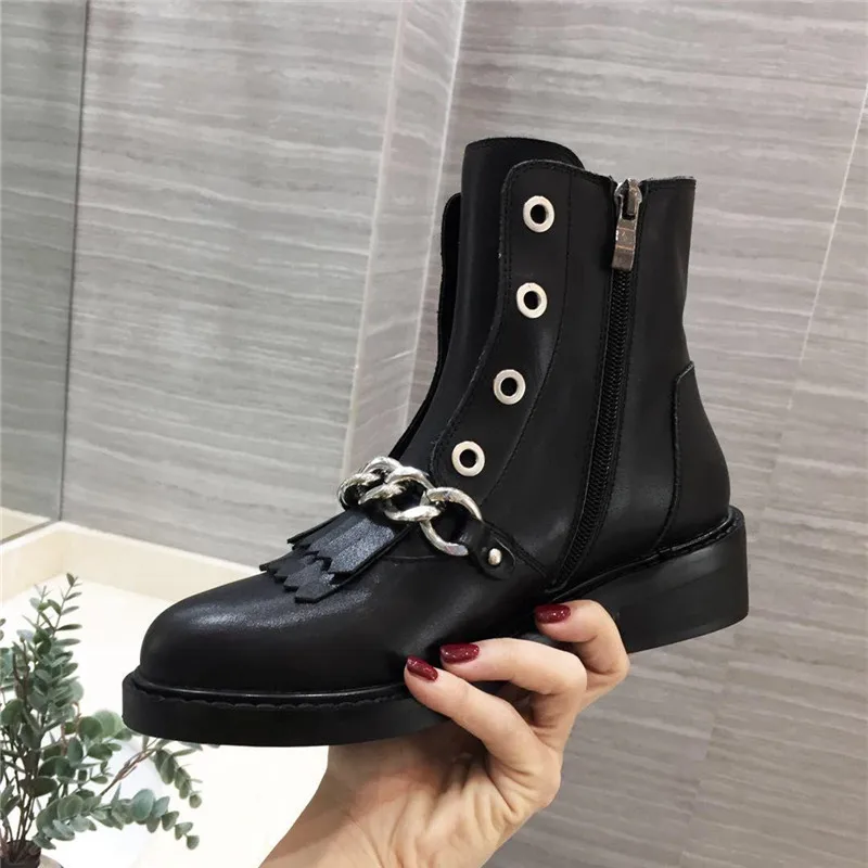 Silver-Chains-Ankle-Boots-Women-Square-Heel-Round-Toe-Fringe-Tassel-Leather-Martin-Boots-Black-Short
