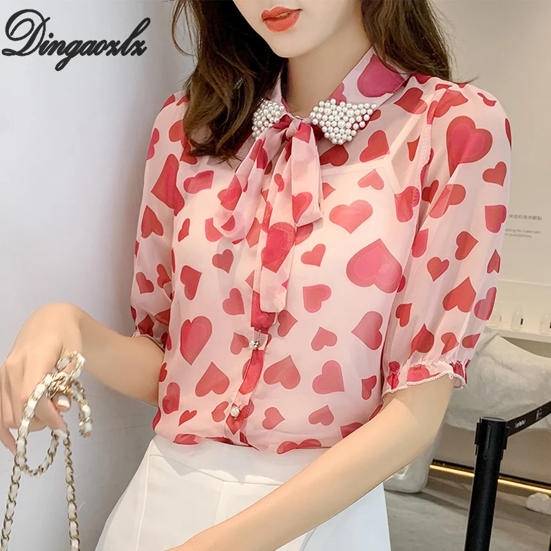 

Dingaozlz Summer Female Tops New Fashion Love Printed Chiffon Shirt Bead Bow tie Turn down collar Women blouse Blusa