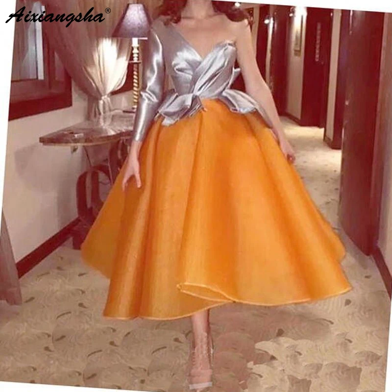 

Elegant Cocktail Dresses 2019 Orange Puffy robe de soiree Tea-Length vestido de noiva Pageant Party Gown Homecoming Dresses