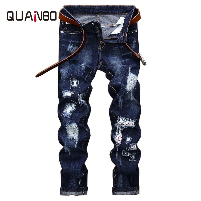 QUANBO 2019 New Spring Fashion Hole Jeans Men Long Trousers Embroidered Cotton Classic Straight Jeans Plus size Blue N2040 QUANBO 2019 New Spring Fashion Hole Jeans Men Long Trousers Embroidered Cotton Classic Straight Jeans Plus size Blue N2040