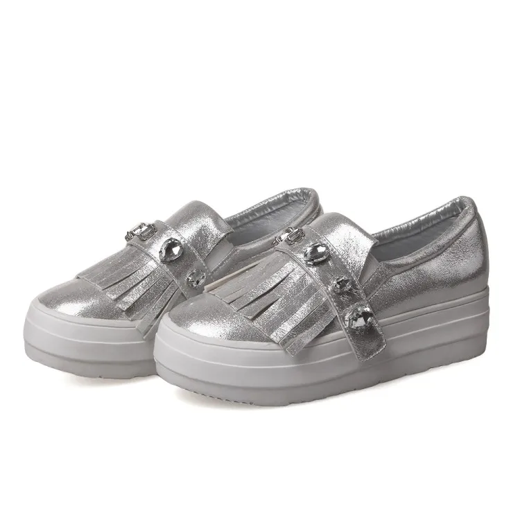 2018 NEW Women Easy White Silver Shoes PU Leather Flats Slip On Loafers Crystal Tassel  Female Light Sneakers Women Size 31-43 (14)