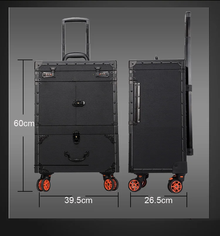 Панк парикмахерских инструментов чемодан для багажа на колесиках для ногтей черного цвета в стиле ретро бабушка салон с выдвижными ящиками набор для профессионального макияжа коробка большой чемодан