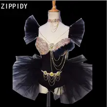 День рождения, празднование наряд Одежда для ночного клуба, для танцев Для женщин вокальное шоу наряд яркие Стразы цепи черная сетка комбинезон Для женщин