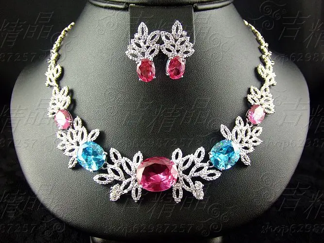 

2019 NEW fashion Italy rose red with Sky Blue zircon necklace earring sets wedding bride banquet formal dinner dress jewelry set