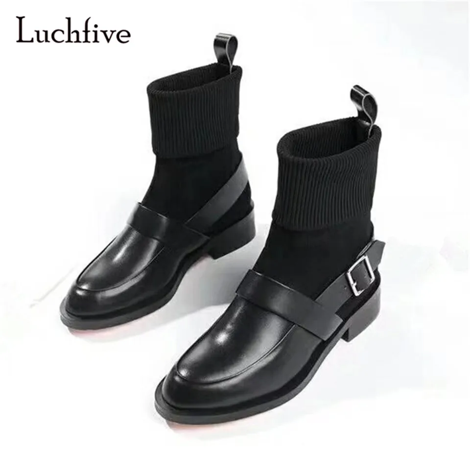 

The Newest Round Toe Chelsea Boots Stretch Wool Knitted Sock Short Booties For Women Buckled Ankle Boots