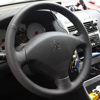 

For Peugeot 307 Black Leather Hand-stitched Car Steering Wheel Cover