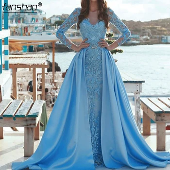 

Blue Muslim Evening Dresses V-Neck Tulle Appliques Islamic Dubai Saudi Arabic Long Elegant Evening Gown Long Prom Dress
