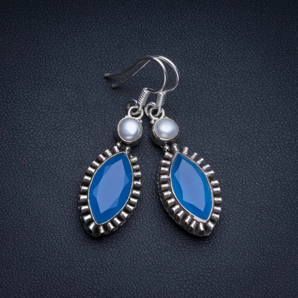 

Natural Chalcedony and River Pearl Boho Style 925 Sterling Silver Drop Earrings 1 3/4" R1940