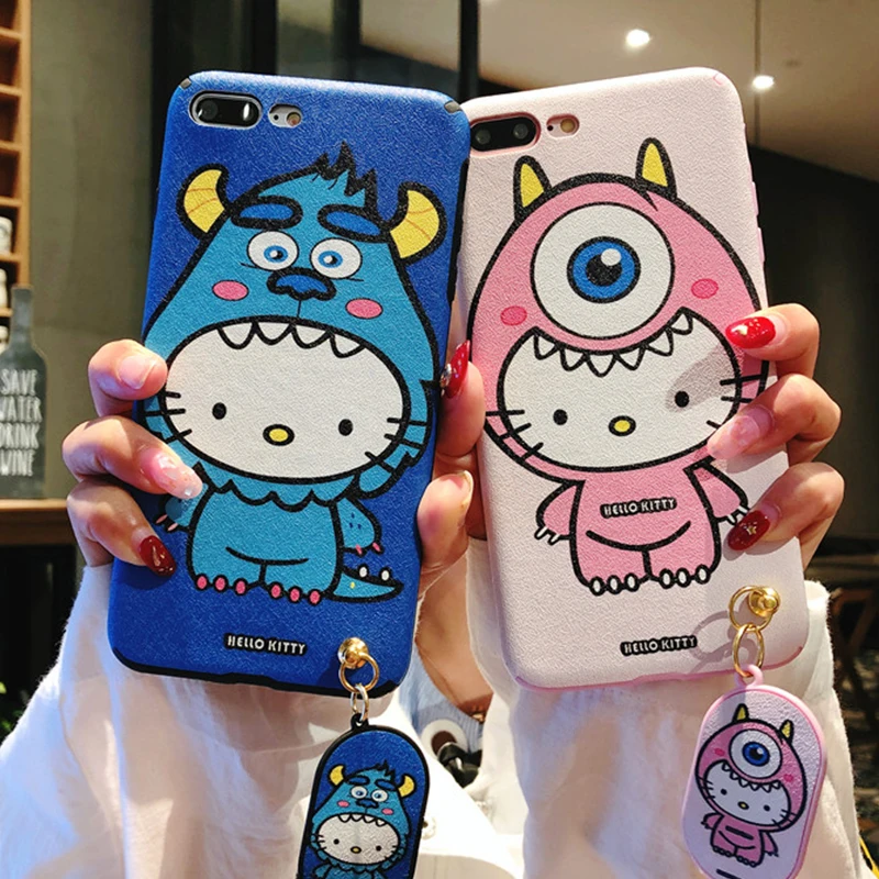 Hello Kitty cartoon case for iPhone 7plus soft silicone Cute phone protection cover for iPhone 6 6s 7 8 plus pink blue + strap
