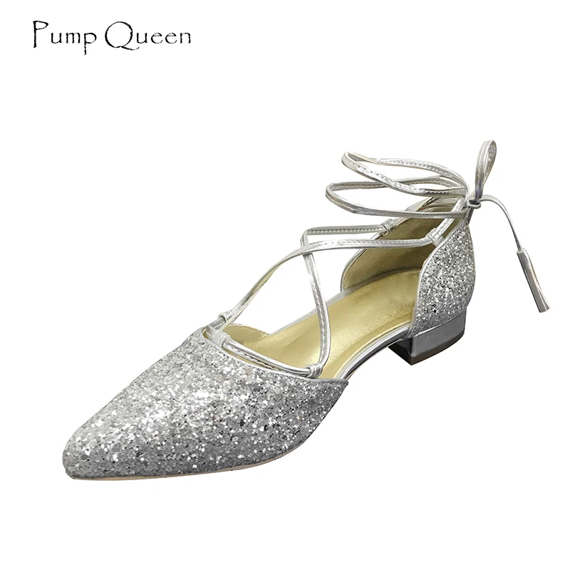 

PumpQueen Lace Up Ballet Flats Women Shoes Summer Fashion Shoes Woman Pointed Toe Female Shoes Silver Sequined Cloth