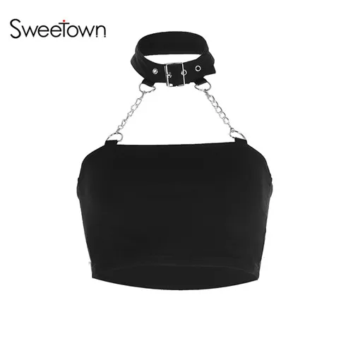 Sweetown черный однотонный панк готический Холтер Топ для женщин уличная горячая лето без бретелек сексуальный короткий топ, бюстгальтер без косточек с металлическими цепочками - Цвет: black