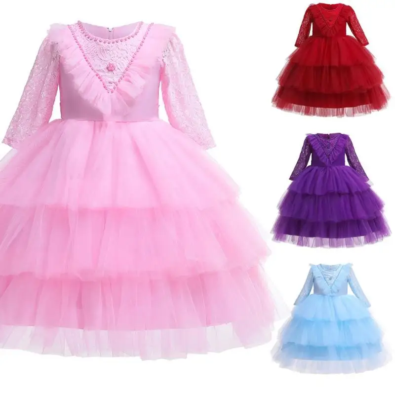Детское платье с цветочным принтом детское кружевное платье с длинными рукавами и круглым вырезом праздничная одежда принцессы пышные