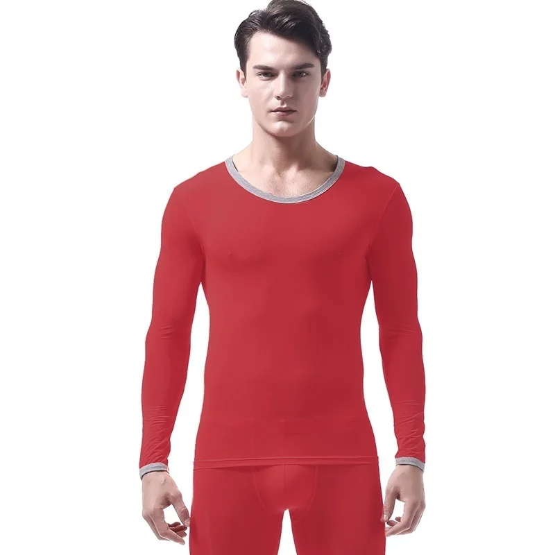 Ледяная шелковая зимняя термо-рубашка для мужчин s термо-нижнее белье с круглым вырезом и длинными рукавами, майка для мужчин, теплая одежда хорошего качества - Цвет: red shirt