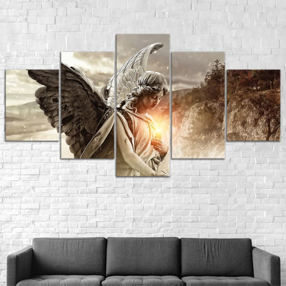 

Modern Home Wall Decor Canvas Picture Angel Statue Light Canvas Print Painting Framed Home Decor Wall Art Poster 5Pcs
