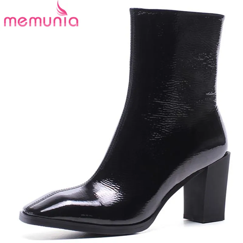 

MEMUNIA 2018 genuine lether ankle boots top quality zipper autumn winter booties square heels comfortable casual shoes woman