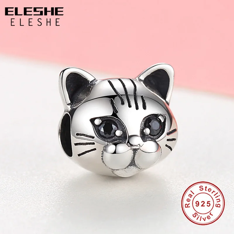 ELESHE European Animal Cute Cat Charm with Black Crystal Fit Pandora Bracelet 925 Sterling Silver Bead Charm Jewelry Accessories