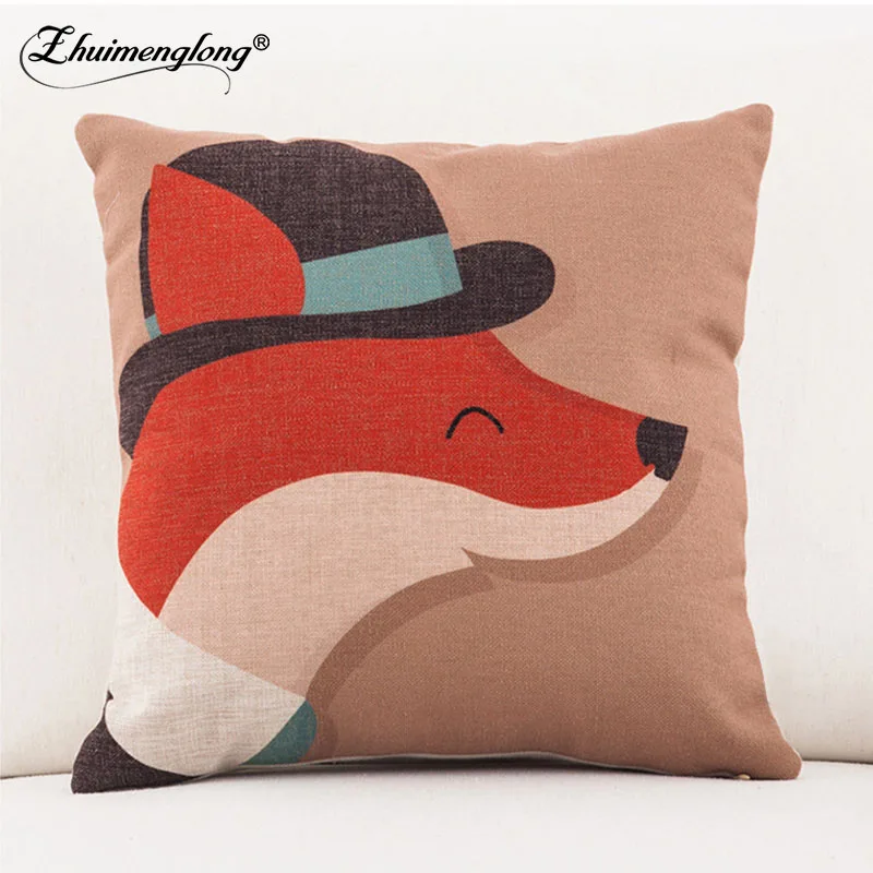 Zhuimenglong Kartun Hewan Rubah Merah Persegi Cotton Linen Lempar