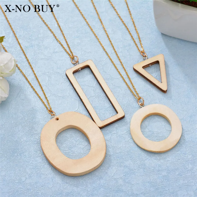 

New Simple Vintage Stainless Steel Pendant Necklace Wood Round Rectangle Triangle Geometric Dangle Necklace Female Choker Torque
