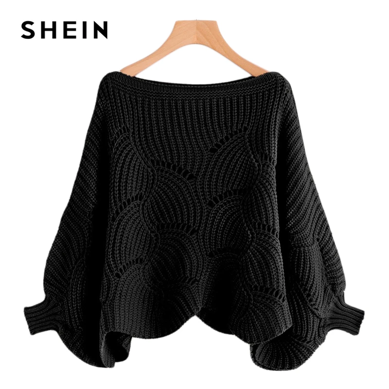SHEIN Black Preppy Solid Oversized Eyelet Detail Scallop Trim Batwing Sleeve Boat Neck Sweater 2018 Autumn Casual Women Sweaters SHEIN Black Preppy Solid Oversized Eyelet Detail Scallop Trim Batwing Sleeve Boat Neck Sweater 2018 Autumn Casual Women Sweaters
