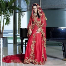 Trukey Kanftans Major Handcraft Beads Crystal Red Evening Dress Long Lace Appliques Arabic Dress with hijab Dubai Evening Dress