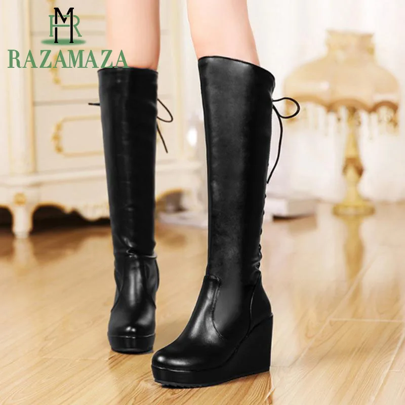 

ZALAVOR New Women Knee High Boots Cross Strap Women Winter Shoes Wedges Platform Long Boots Fashion Sexy Warm Shoes Size 34-39