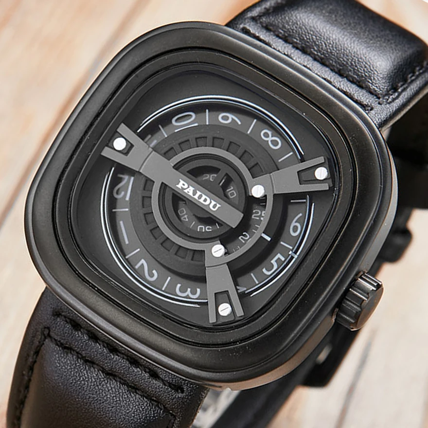 

Creative Men Watch Turntable Square Dial Full Black Leather Man Clock Unique Quartz Wristwatch Turntable Male relogio masculino