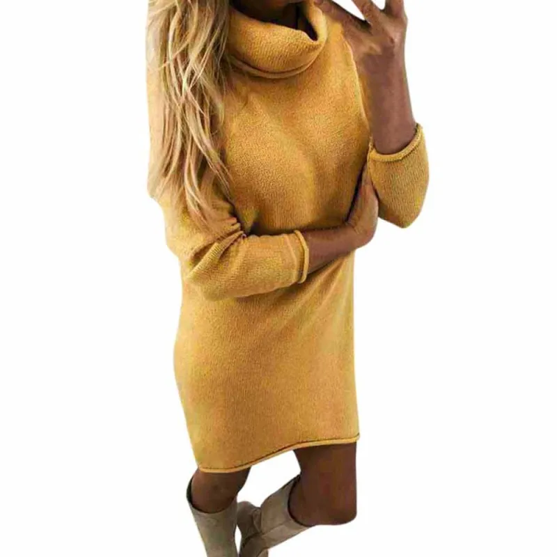 Модный женский свитер, Однотонный свитер с высоким воротом, длинное Повседневное платье пуловер с длинным рукавом, водолазка, sueteres vestido gola alta
