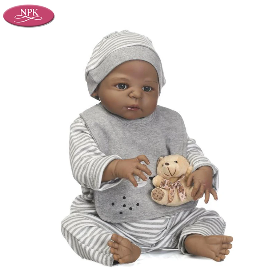 NPK 56CM Full Body Silicone Black Boy Reborn Baby Doll + Stuffed Toy Soft Bear Children Bathe Playmate Toys Lifelike Bebe Menino (5)