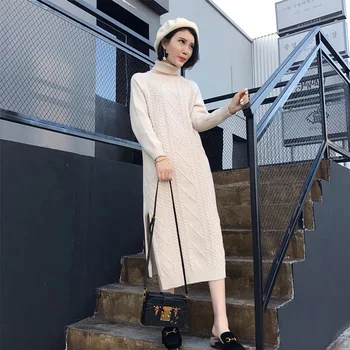 

2019 New Autumn and Winter Sweater Dress Female Korean Style Long Slim High Collar Pullover Knit Bottoming Dress Women NS1305