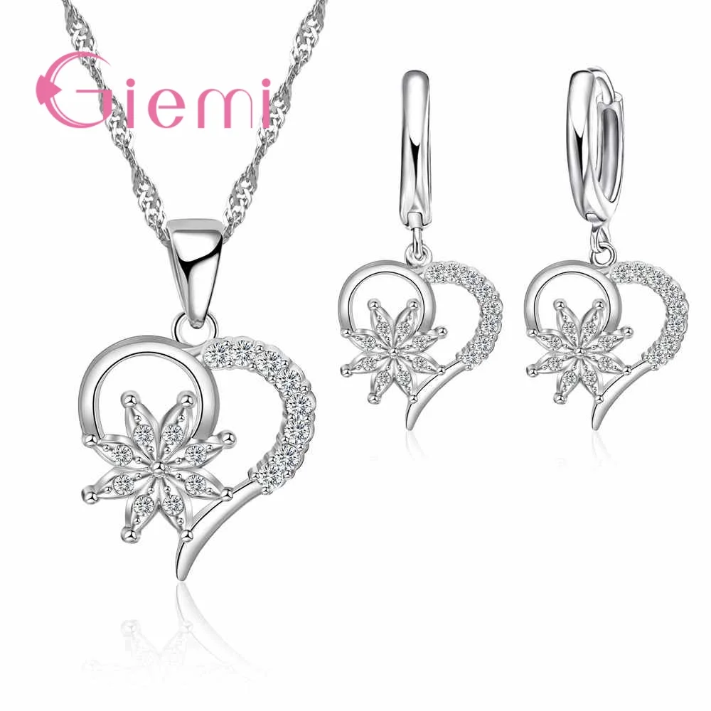 

Paticular Female Gifts 925 Sterling Silver Jewelry Sets Heart and Flower Shape Shiny Women Crystal Necklace Earrings Chain