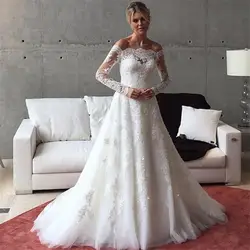 Новый дизайн robe de mariage лодка средства ухода за кожей Шеи Длинные рукава платье трапециевидной формы аппликации тюль кружево суд