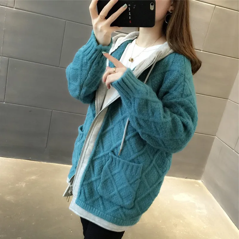 

of new fund of 2019 autumn winters hooded splicing holiday two pure color knit sweater relaxed joker female cardigan