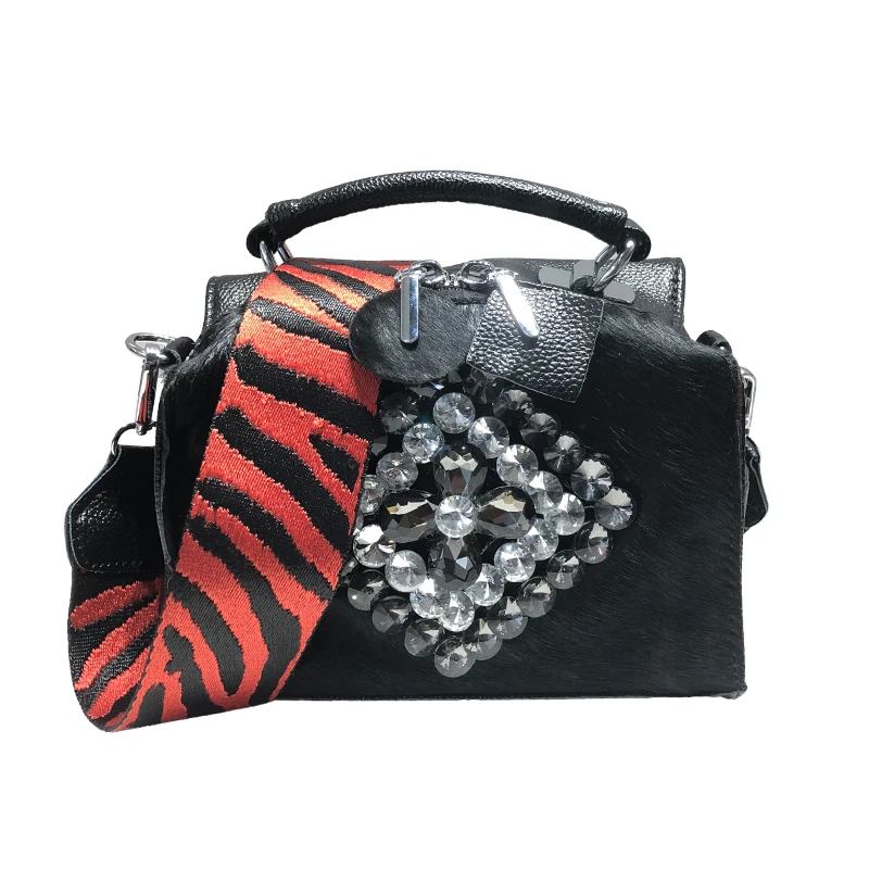 

Women Crystal Shoulder Bags Black Horse Hair Luxury Handbags Totes Fashion Evening Bags Ladies Crossbody Small Messenger Bags