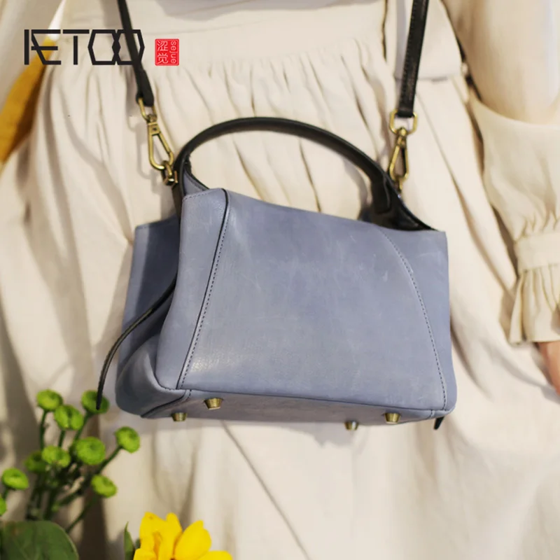 

AETOO Small blue pillow bag, simple temperament sloping handbag, literary leather women's bag