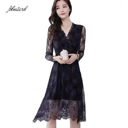 Темперамент Весенние модели платье 2018 Женская Корейская версия с длинными рукавами v-образным вырезом сексуальное кружевное платье в