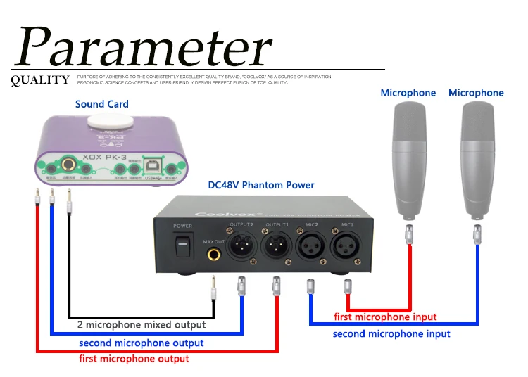 Coolvox профессиональный DC 48v двойной смешанный внешний фантомный источник питания для конденсаторных микрофонов оборудование для записи музыки 100 V-250 V